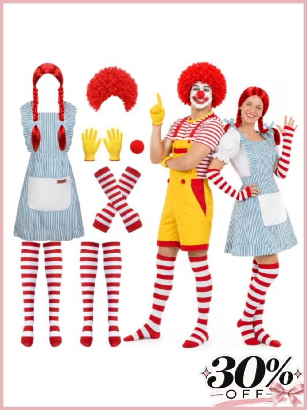 8 Pc Fast Food Girl & Clown Couples Costume Set Adult Halloween Cosplay
